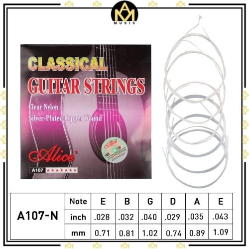 1 Set Original Alice 1st-6th Classical Guitar Strings Clear Nylon Core Silver Plated Copper Alloy Wound Normal Tension A107-N