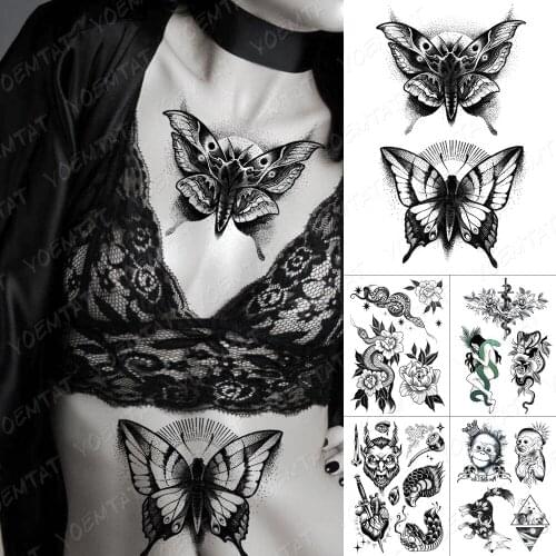Waterproof Temporary Tattoo Sticker Dark Old School Moth Butterfly Flash Tattoos Snake Rose Body Art Arm Fake Tatoo Women Men