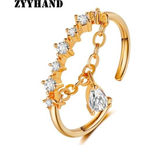 ZYYHAND Women AAA Zircon Cross Chain Charm Lady Romantic Copper Alloy Gold-Color Adjustable Rings
