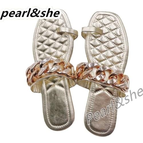 Women Golden Chain Metal Flip Flops Slippers 2021 Female Square Toe Sewing Slides Ladies New Summer Beach Flats Plus Size
