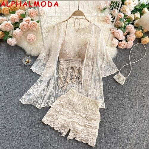 ALPHALMODA Holiday Casual Suit Womens Retro Chic Hollow Knitted Tassel Vest Half-sleeve Cardsigan Shorts Holiday 3pcs Set