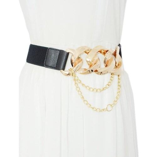 Women Elastic Leather Wide Belt Golden Silver Thick Chain Fashion Strap Waistband Button Girdle Style Coat Dress Decorative T1T8