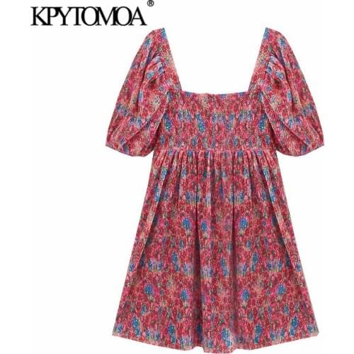 KPYTOMOA Women 2021 Sweet Fashion Floral Print Pleated Mini Dress Vintage Square Collar Puff Sleeve Female Dresses Vestidos