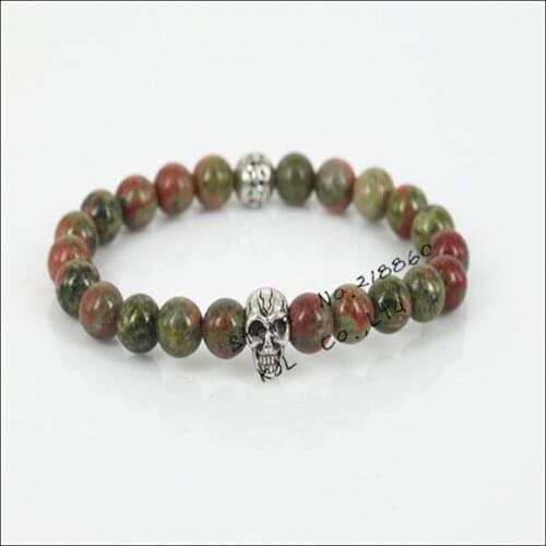 1pcs New design different unakite stone beads men bracelet charm cavemous skull head with a silver-color beads women bracelet