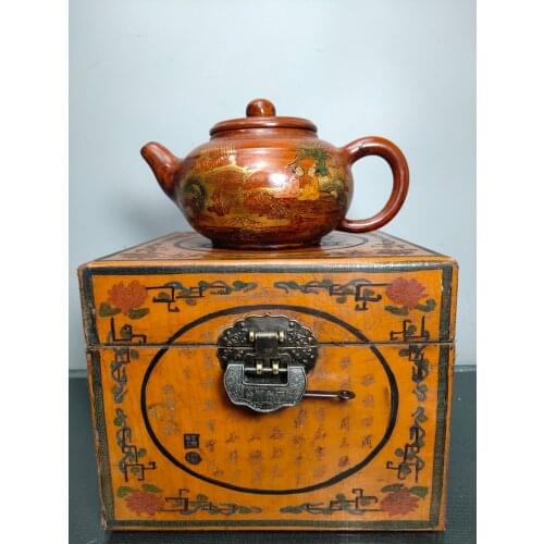 8"Chinese temple collection Old Purple Clay outline in gold Erotica Purple Clay Teapot teapot Lacquered wood Box set Ornaments