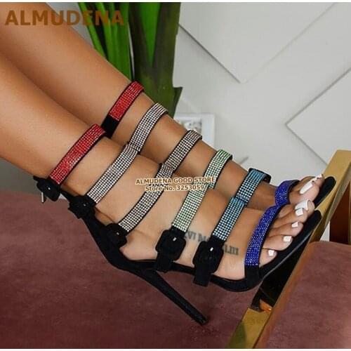 ALMUDENA Bling Bling Multi-Crystal Sandals Stiletto Heels Square Buckle Strappy Wedding Shoes Gold Silver Rhinestone Party Pumps