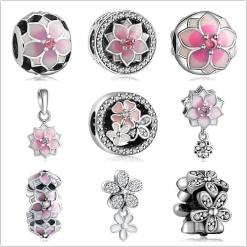 Real 925 Sterling Silver 9 Styles Cherry Flower Bloom Enamel Beads Charms fit Pandora Bracelet & Bangles DIY Original Jewelry