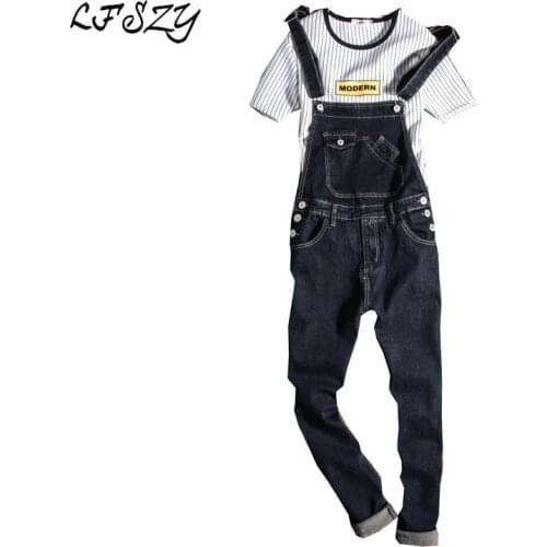 New 2018 Fashion Vintage Design Pocket Jeans Denim Overalls Men Casual Wash Skinny Bib Overalls Jeans Male Blue Jumpsuit Jean