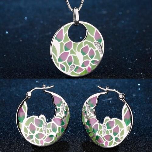 Boho Jewelry Set Silver 925 Pink Petals Round Hoop Earrings Pendant Necklace for Women Luxury Fashion Female Jewelry Enamel