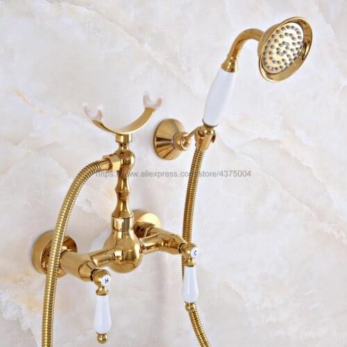 Gold Color Brass Wall Mounted Bathroom Basin Mixer Tap With Hand Shower Head Bath & Shower Faucet Nna925