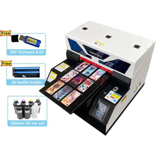 Multifunction LED UV Flatbed Printer A3 dtg print machine with 3500 ml UV Ink for Bottle, Phone Case, Lighter, TPU, PVC, Metal