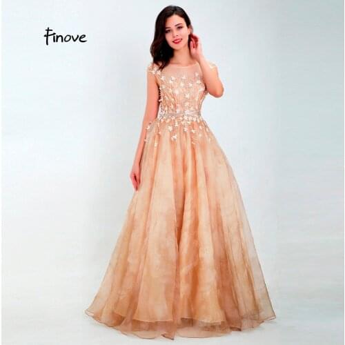 Finove 2020 Prom Dress New Unique Dusty Yellow Appliques Elegant Cap Sleeves Scoop Neck Line Chiffon Long Floor Length Gowns