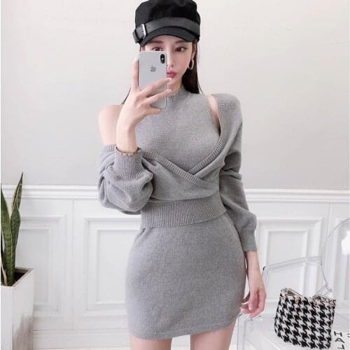 Sweater Dress 2021 Winter New Two-Suit Fashion Women Clothing Korean Ladies Sexy Bat Sleeves Bodycon Bag Hip One-Piece Knitted
