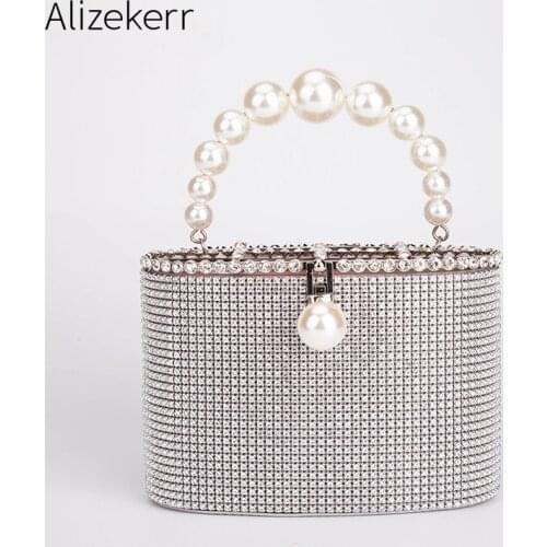 Luxury Diamonds Evening Clutch Bags Women 2020 New Pearls Handle Metal Cage Clutch Purse Female Chic Shoulder Bags Dinner Party