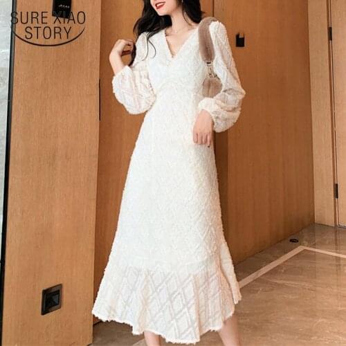 Sexy Maxi Dresses V-neck Spring White Dress Women Puff Sleeve Bodycon Women Dress Elegant Tassel for Women Fashion Vestido 11901