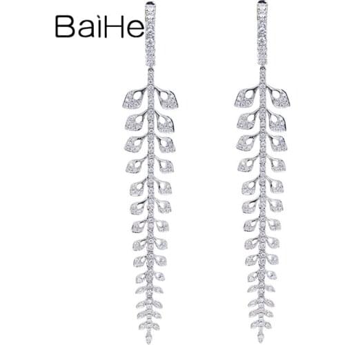 BAIHE Solid 14K White Gold 0.74ct H/SI Natural Diamond Earrings Women Trendy Fine Jewelry Christmas Gift Leaf Cерьги Cережки