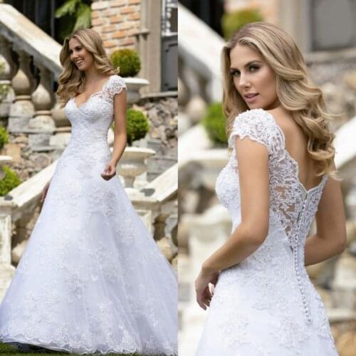 2020 Wedding Dresses V-Neck Short Sleeve Lace Appliques Bridal Gowns Custom Made Backless Sweep Train A-Line Wedding Dress