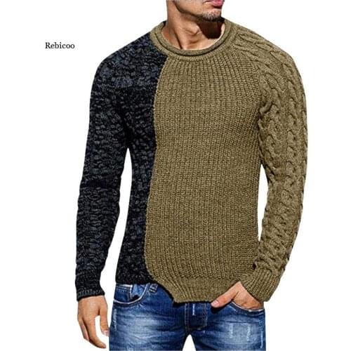 Men Sweater Fashion Round Neck Color Matching Long Sleeve Wild Pullover Slim Patchwork Sweater Mens Spring Winter