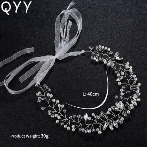 QYY Ivory Pearl Crystal Hair Vine Bridal Tiaras Jewelry Wedding Ribbon Headband Hair Accessories Prom Pageant Headdress
