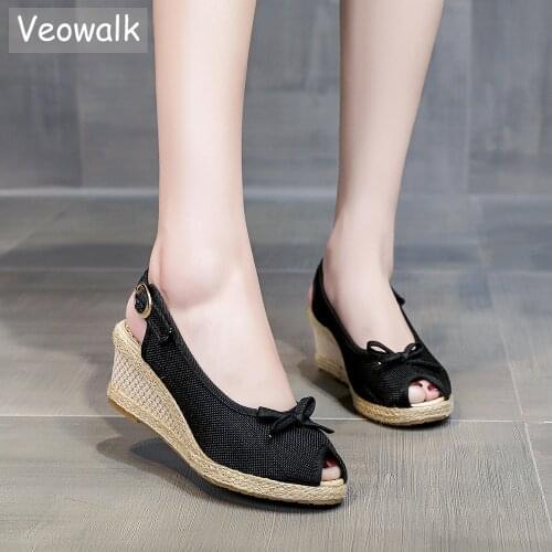 Veowalk Handmade Women Bowtie Peep Toe Linen Espadrilles Slingbacks Sandals 6cm Wedge Heel Ladies Plain Summer Platform Shoes