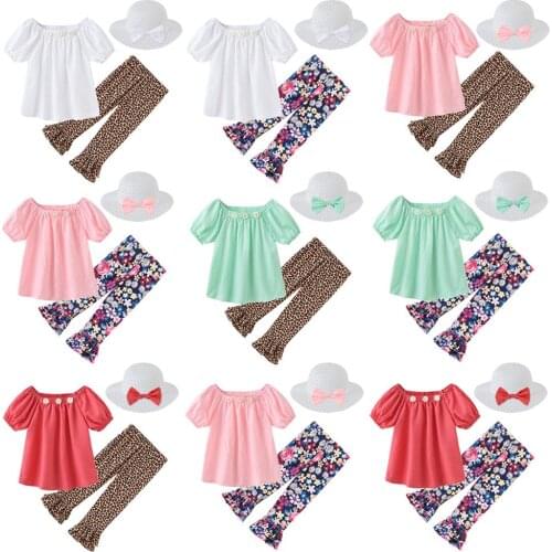 2021 Flower Baby Girl Spring Summer Clothing Set Flare Sleeve T-shirt Leopard Print Pants 2PCS Outfits Sets Girls Beach Clothes