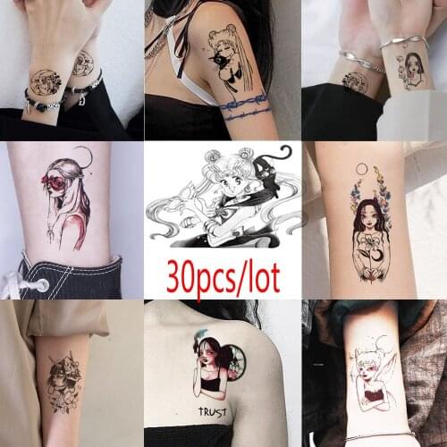 30 Sheets Tattoo Stickers Dark Black Moon Dark Wind Manga Portrait Girl Japanese Temporary Tatto Transferable Waterproof Sticker