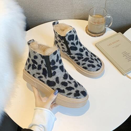 Shoes Woman Martin Boots Winter Cotton-padded Shoes with Velvet Leopord Pattern High Shoes Luxury Warm Plush Velvet Sexy Fashion