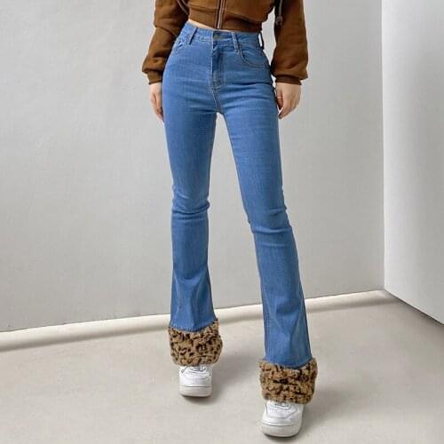 Women Leopard Fur Patchwork Jeans Sexy Fashion Vintage Y2K Denim Flare Pants Spring Streetpants Female Hip Hop Trousers P073