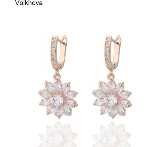 Volkhova Flower Shape Dangle 585 Rose Gold Color Cubic Zirconia Engagement Party Drop Dangle Earrings Jewelry For Women
