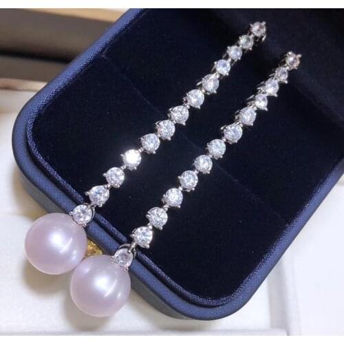D804 Pearl Earrings Fine Jewelry 925 Sterling Silver Round 10-11mm Nature Fresh Water White Pearls Drop Dangle Earrings Women