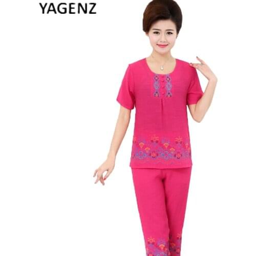 Womens Summer Cotton Two-piece Set Short-Sleeve 2020 New Fashion Casual Print Women Clothing Cotton Linen Sets YAGENZ