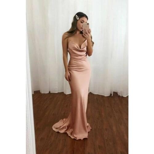 2021 Womens Long Cowel Neck Mermaid Prom Dresses Pink Robe De Soiree Mermaid Sexy Criss Cross Back Formal Party Dresses