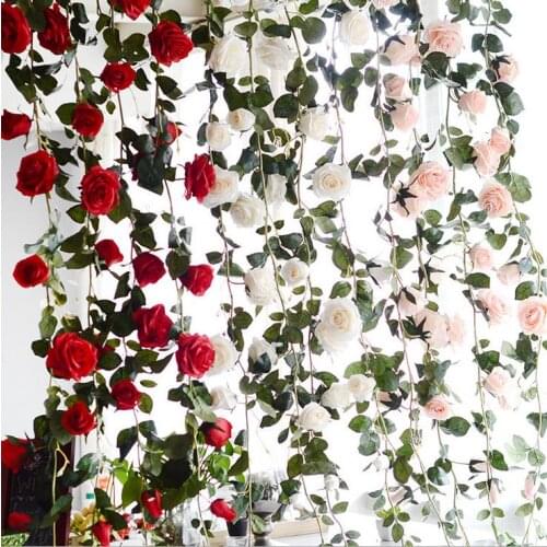 180cm H-Q Fake Silk Roses Ivy Vine Artificial Flowers With Green Leaves For Home Wedding Decoration Hanging Garland