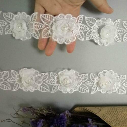 2 Yard Soluble White Rose Flower Pearl Chiffon Embroidered Lace Trim Ribbon Fabric Handmade Vintage Wedding Dress Sewing Craft