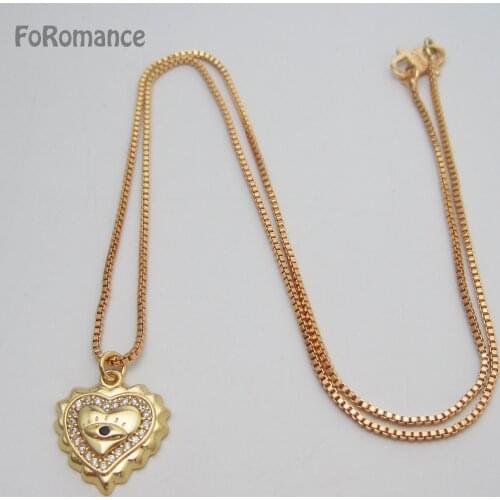 YELLOW GOLD GP 45CM BOX LINK CHAIN & EVIL EYE Blue Stone Heart Shaped CZ STONES Small PENDANT Fashion Necklace Great Gifts