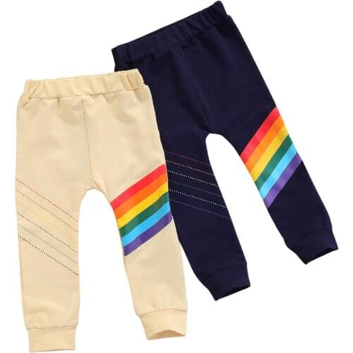OPPERIAYA Kids Trousers Baby Boys Rainbow Striped High Elastic Waist Long Pants for Summer Fall Beige Royal Blue 2-9 Years