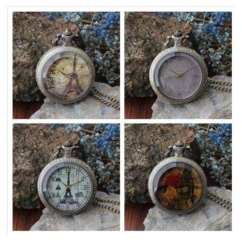 Antique Bronze Arc de Triomphe in Paris Eiffel Tower pocket watch necklace pendant for men and women P122