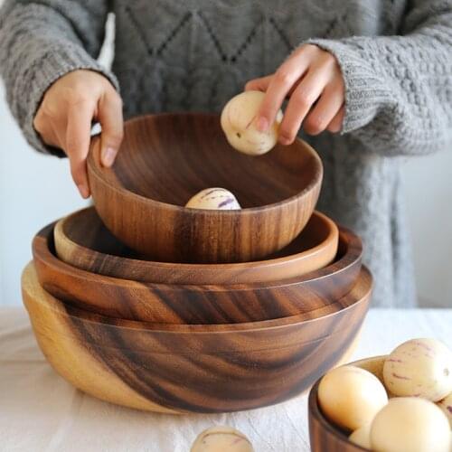Wooden bowl Japanese style wooden tableware household and basin fruit plate salad bowl whole wooden soup bowl wooden bowl WF