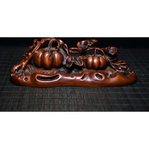 7"China Lucky Old Boxwood Hand-carved pumpkin Melon penholder May all your wishes come true Office Ornaments Town House