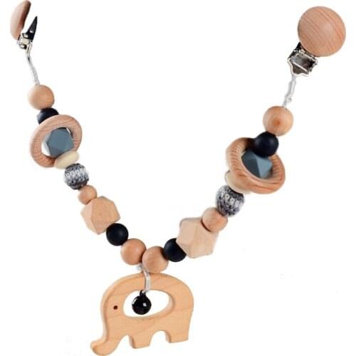 Baby Teether Stroller Pendant Pacifier Chain Rattle Pram Clip Wooden Animal Toy