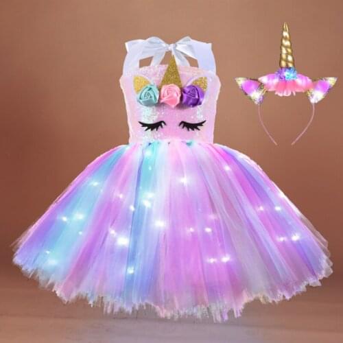 Girls Shiny Unicorn TUTU Dress Glowing Kids Unicorn Dresses For Girls Christmas Party Princess Dress Children Clothing vestidos