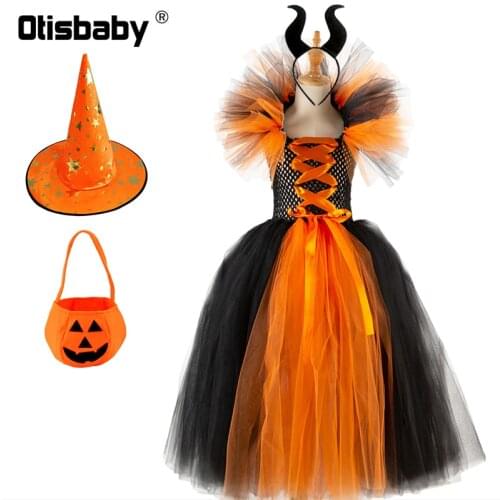 2-12Year Children Girl Halloween Backless Witch Dress With Hat Pumpkin Bag Fancy Girls Cosplay Masquerade Party Prom Tulle Dress