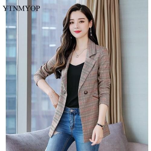 Women Plaid Blazer Slim Fashion Notched Suit Coat Plus Size S-4XL Spring Clothing Button Office Lady Jackets YTNMYOP