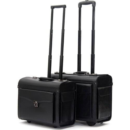 PU Leather Laptop Briefcase Spinner/Fixed Wheels Trolley Luggage 19 Inch Black Suitcase