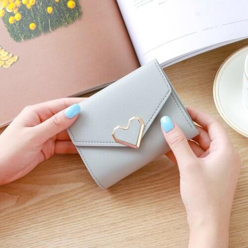 Wallet Women Cute Pu Leather Heart-shaped Female Short Solid Color Coin Purses Ladies Multi-card Holder Three Fold Clutch Bag