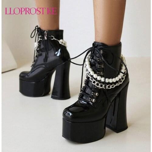 Lloprost ke 2021 Women Ankle Boots Platform Thick High Heel Ladies Motorcycle Boots Patent Leather Cross Tied Zipper Women Boots
