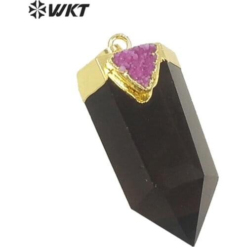 WT-P1609 WKT New design wholesale natural tea quartz pendant women gold hexagona quartz with druzy charm pendant