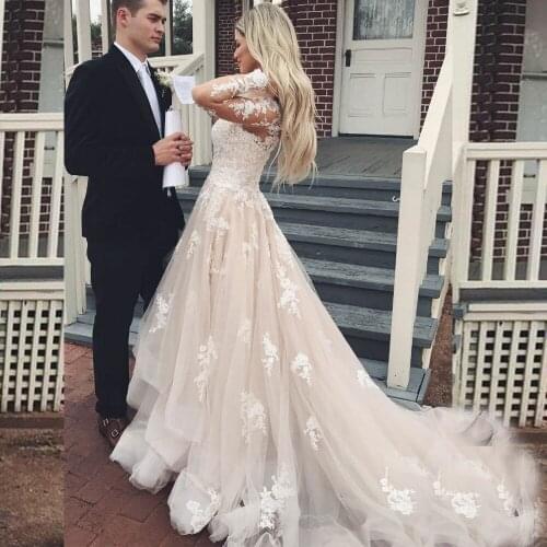 Sexy V Neck Lace Applique Long Sleeves Wedding Dresses Ruffle Skirt Tiered Tulle Wedding Bridal Gowns Celebrity Vestido De Noiva