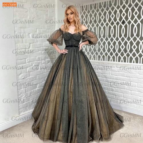 Sexy Gray Prom Dresses Boho 2021 robe de bal femme longue Custom Made Shiny Tulle Women Party Gowns Cap Sleeves vestidos de gala