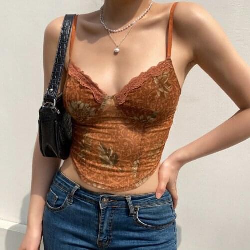 SEASONS Vintage Mesh Lace Sleeveless Corset Crop Top Women Summer Transparent Y2K Strappy Camis Tops Floral Print Vest ASVE82908